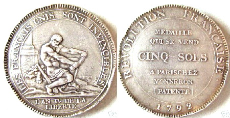 Monneron de 5sols Hercule de 1792 argt