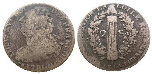 monnaie de 2 sols au faisceau avec variété de date LIBERETE
